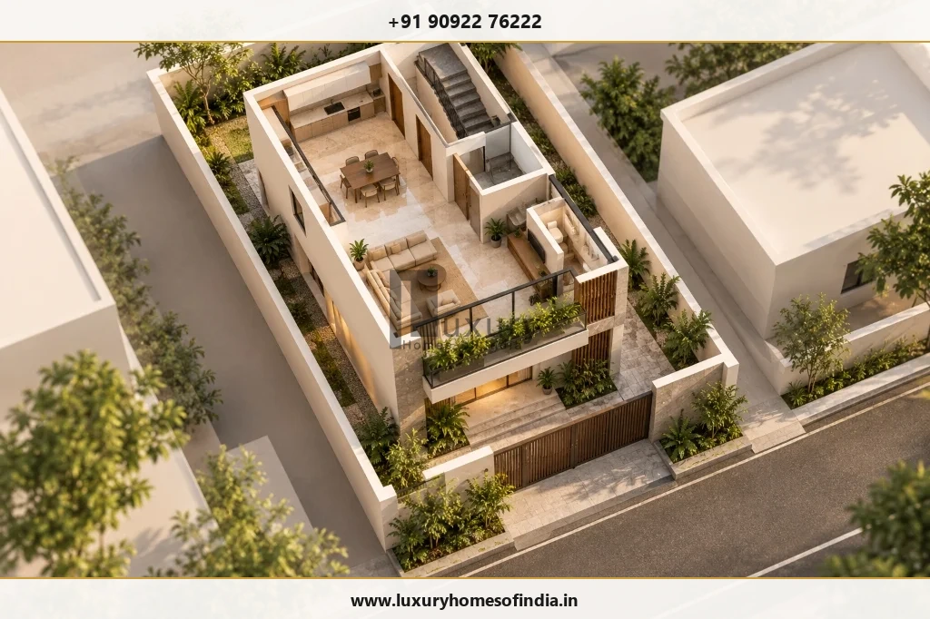 Conceptual top-down comparison showing how plot proportions, open spaces and staircase placement affect the buildable envelope