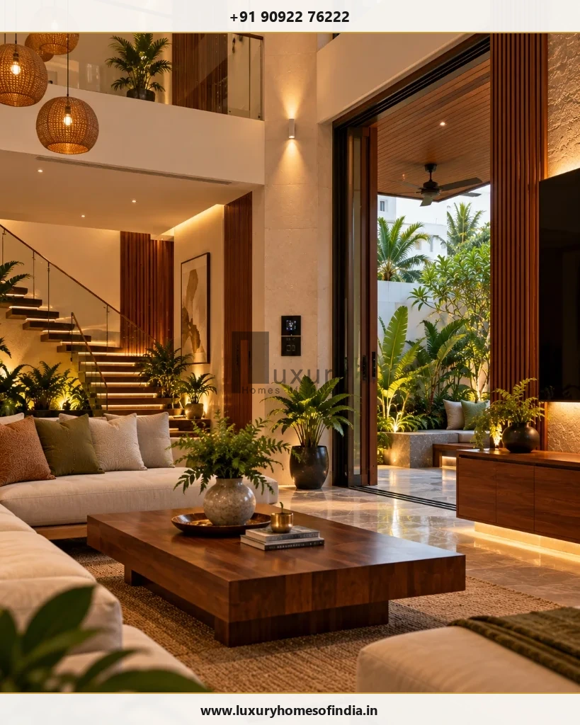 Contemporary Chennai villa with discreet smart-home wall keypad and scene lighting