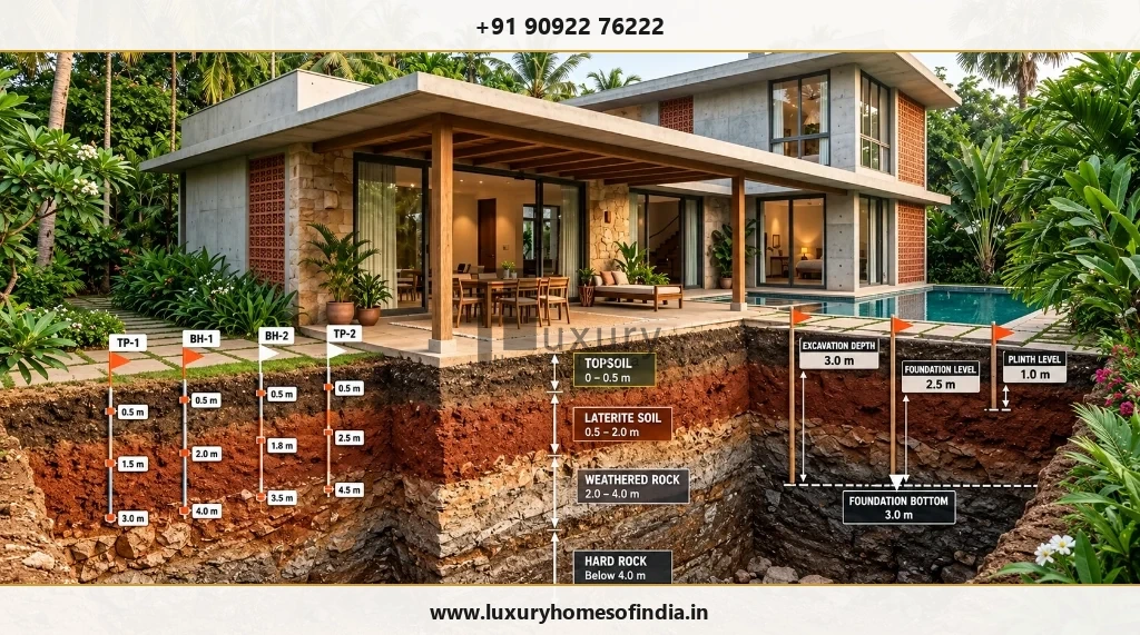 Geotechnical investigation points shown beside a contemporary Chennai villa foundation design