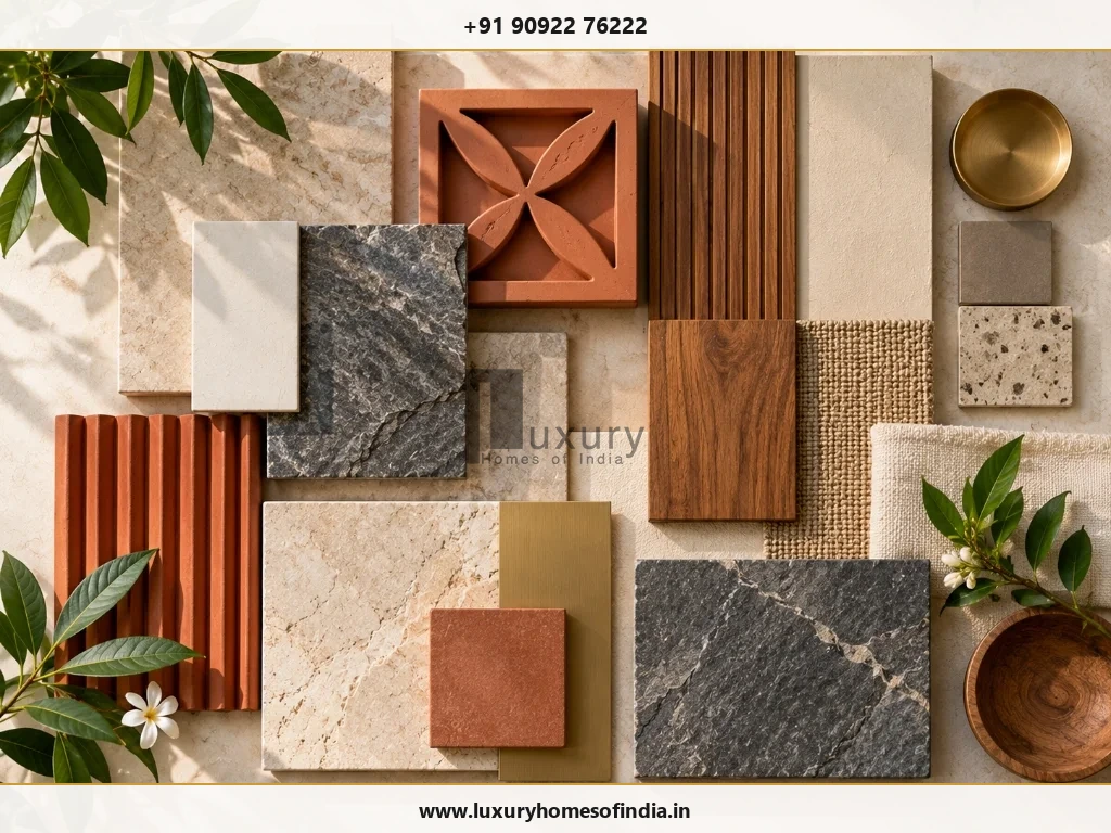 South Indian architectural material palette with stone, terracotta, timber and restrained metal accents