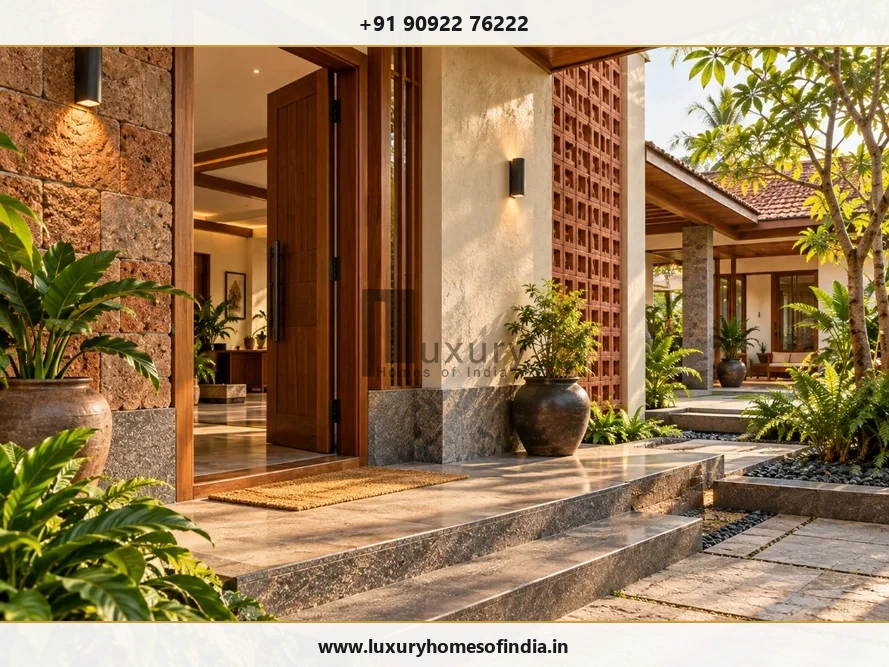South Indian contemporary home showing a restrained selection of architectural materials