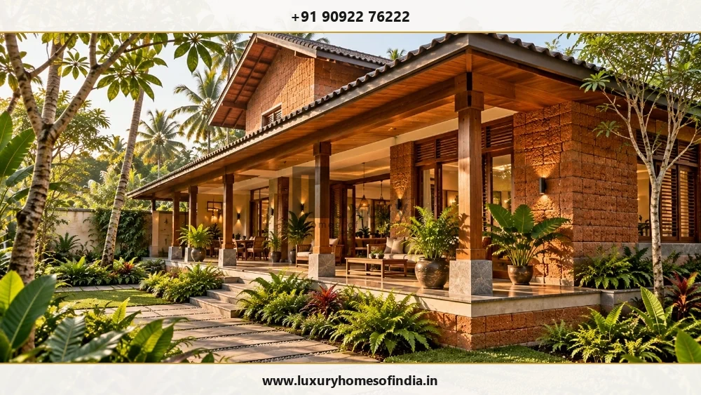 South Indian contemporary residence illustrating regionally appropriate materials shaded outdoor spaces and tropical landscaping