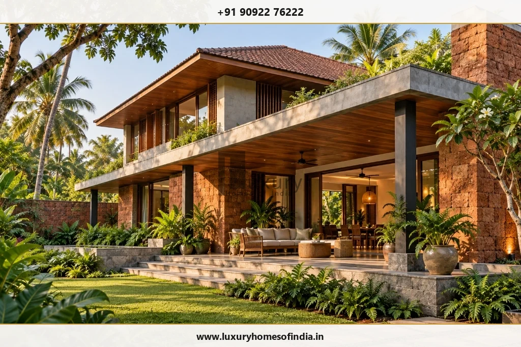 South Indian contemporary villa with a shaded veranda, landscape edge and stone cladding in Chennai