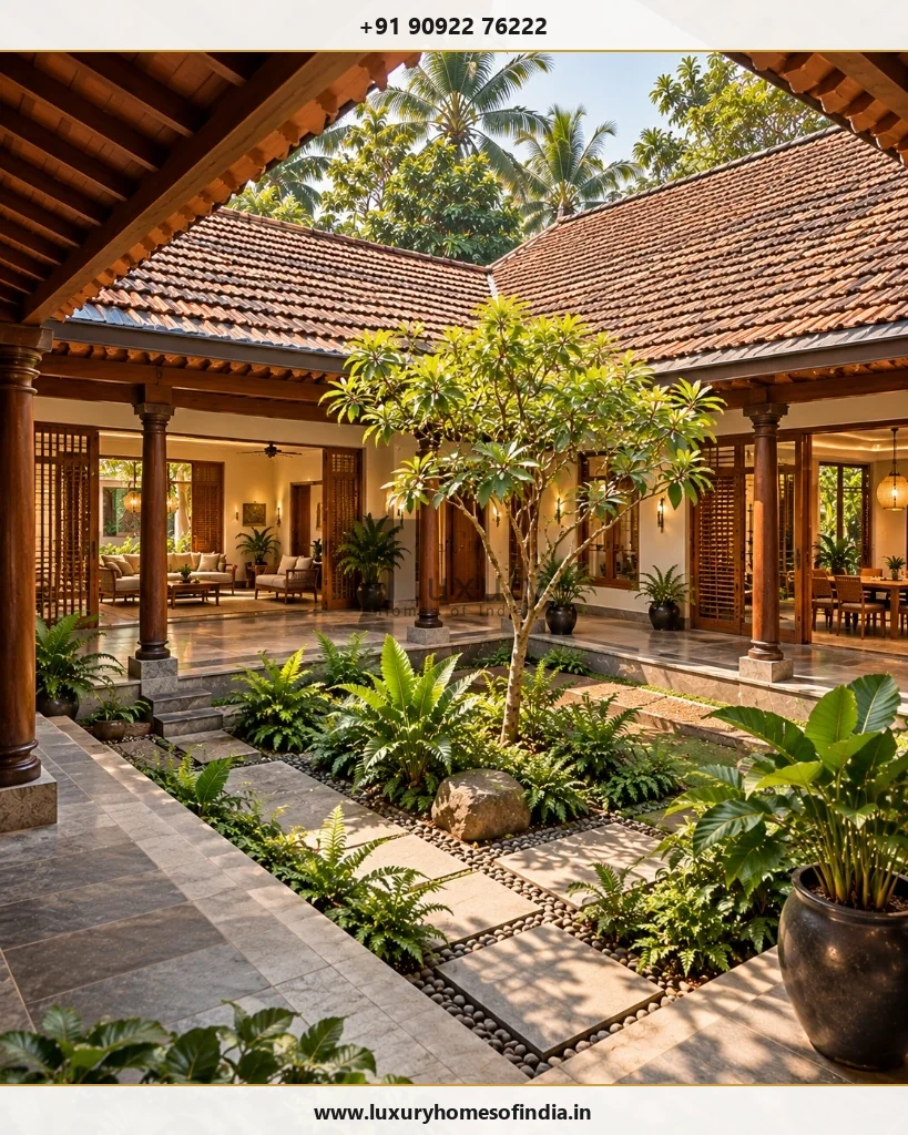 South Indian courtyard home designed by luxury architects showing terracotta tiled roof and open central garden