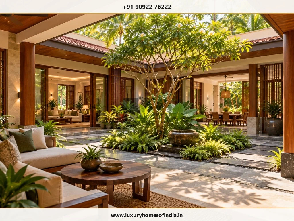 South Indian residential courtyard garden with stone paving, tropical planting and shaded seating