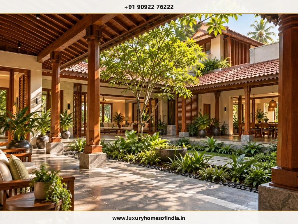 South Indian courtyard residence showing indoor spaces, shaded circulation and landscape in Chennai
