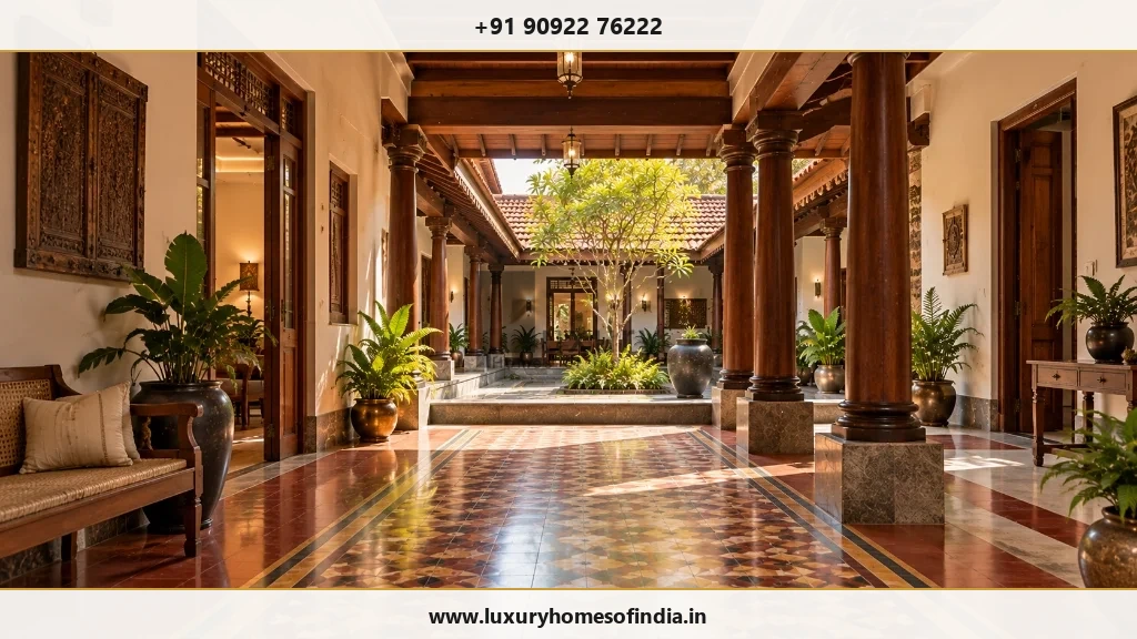 South Indian courtyard residence hallway featuring Athangudi tiles and teak pillars