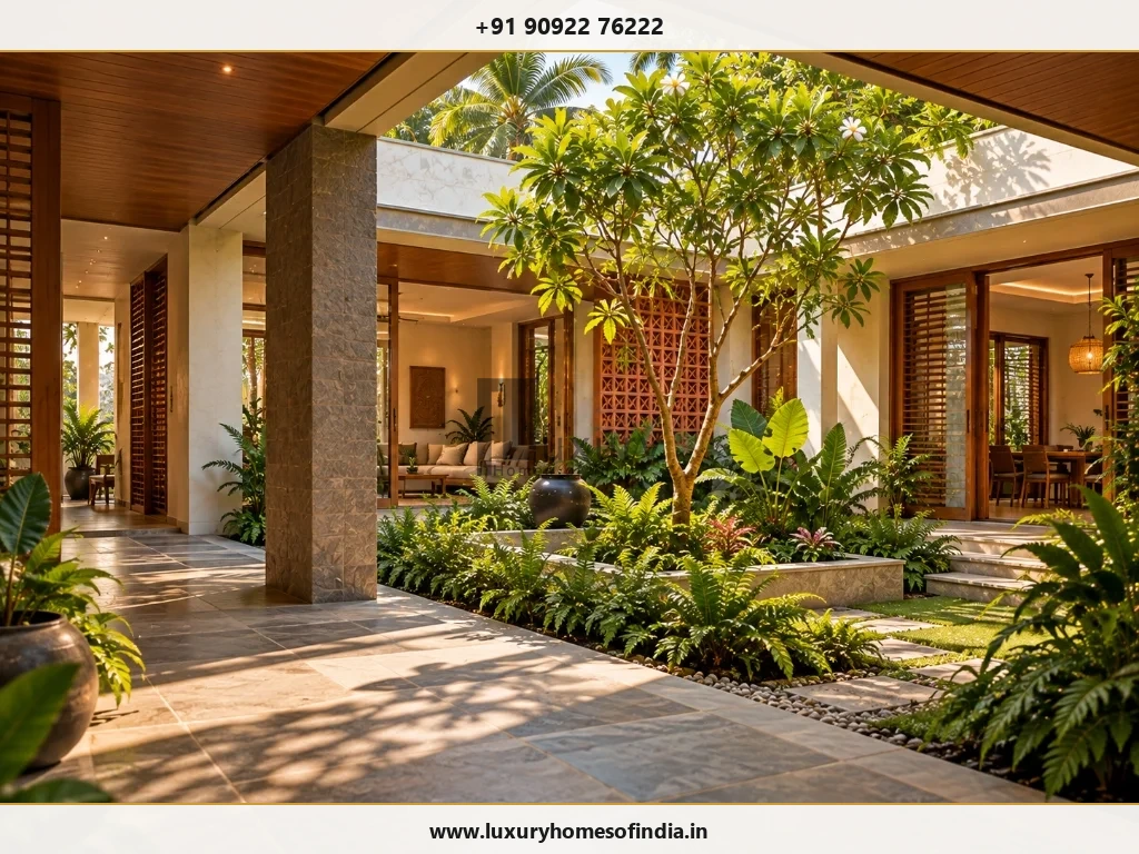 Contemporary South Indian courtyard and shaded verandah illustrating architecture and landscape relationship