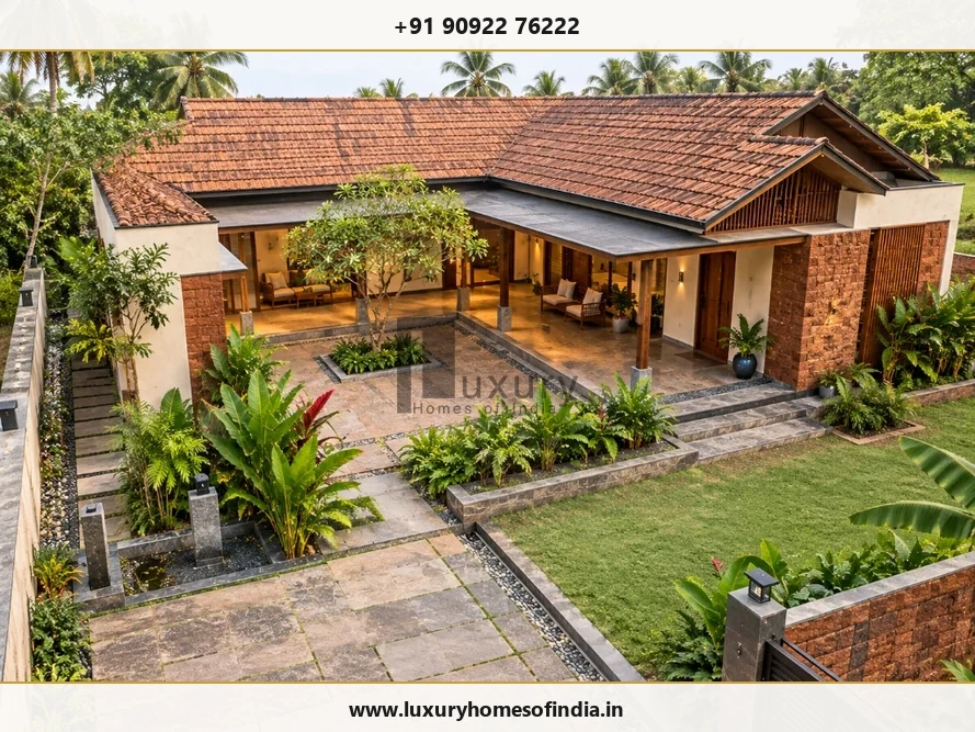 A South Indian courtyard villa with clearly differentiated building and landscaped outdoor areas