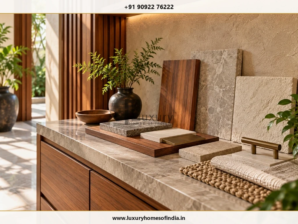 Close-up of South Indian contemporary interior finishes, timber joinery sample boards, natural stone tiles, brass hardware
