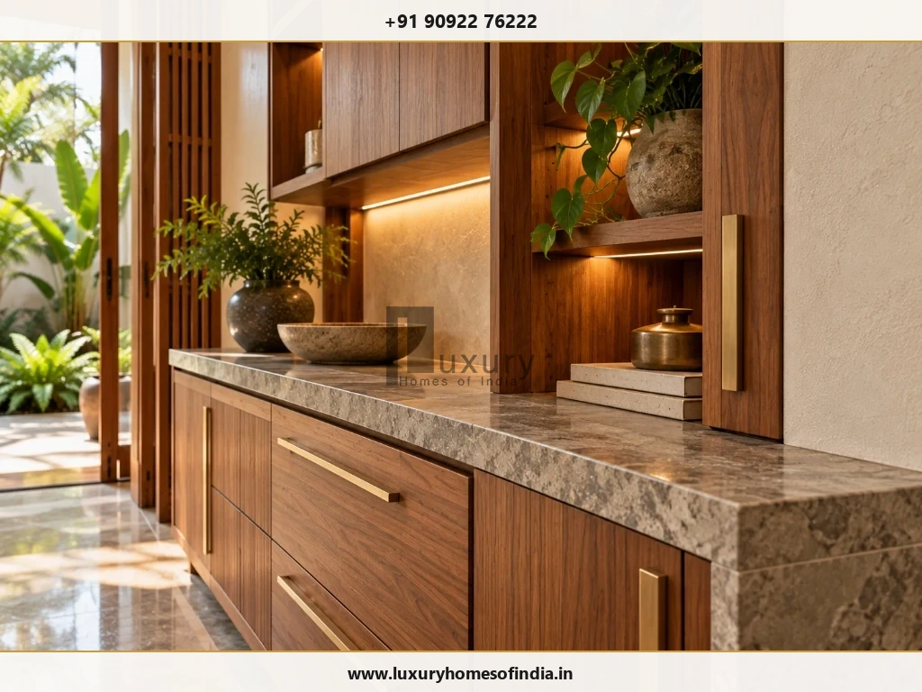 Close-up of custom timber joinery, brass hardware handles, and natural marble countertop junctions in a South Indian residence