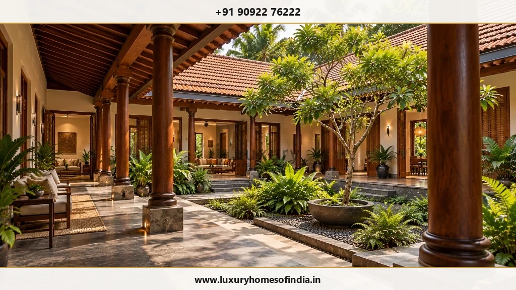 Central open courtyard garden in South Indian luxury home with surrounding wooden colonnade