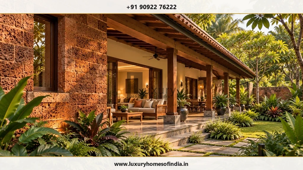 South Indian residence with red laterite stone wall and shaded veranda opening to tropical garden
