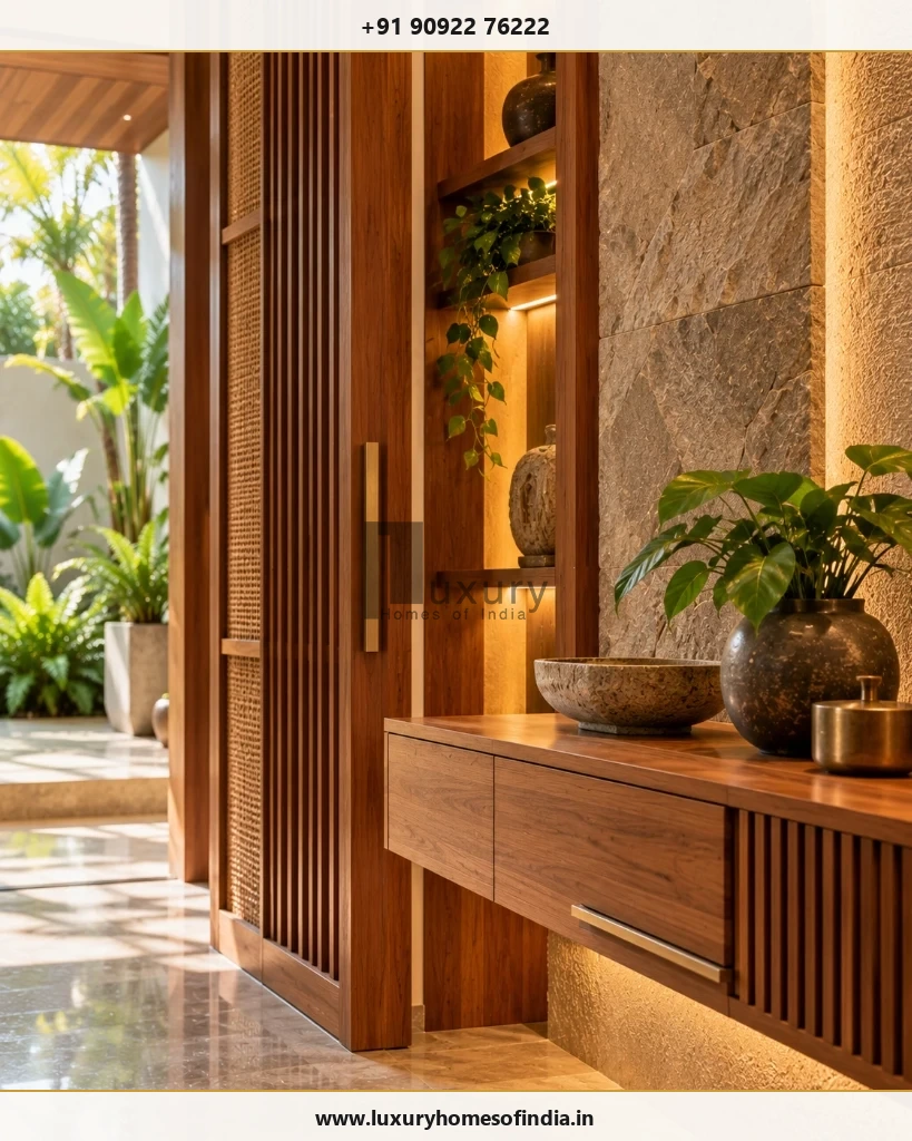 South Indian residential interior detail showing custom timber joinery, natural stone wall cladding, brass hardware, and warm lighting