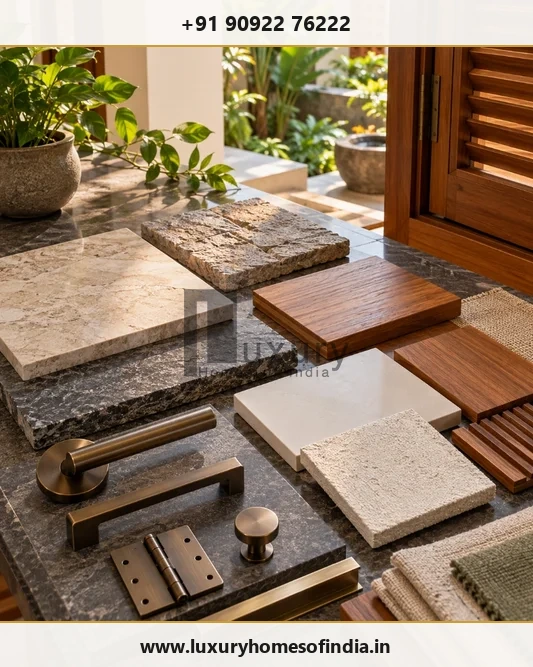 South Indian villa finish and material selection detail on marble counter