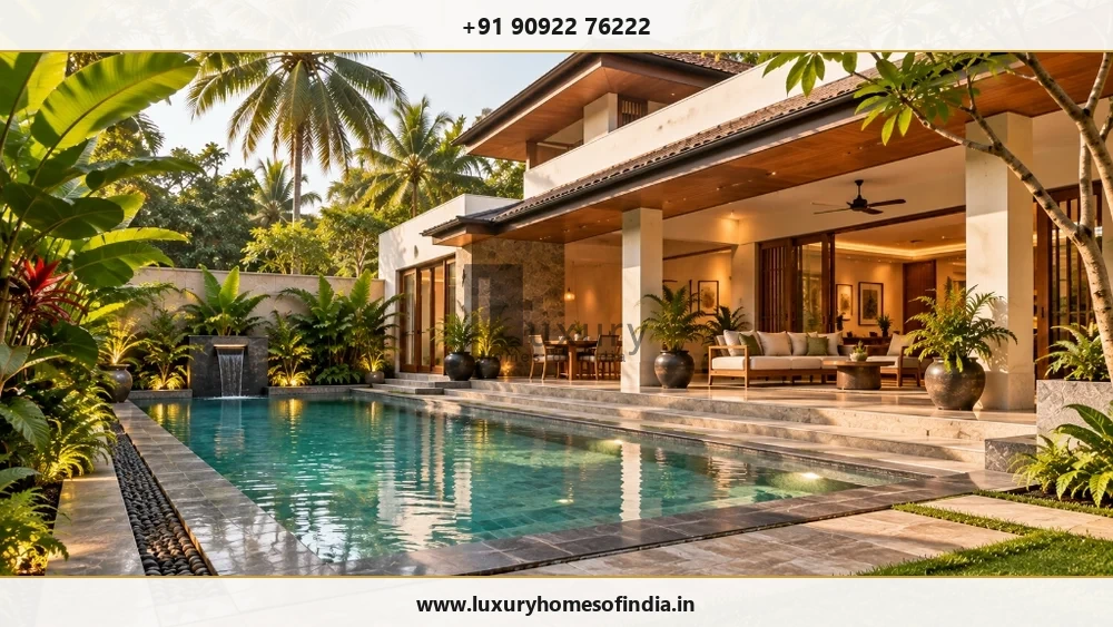 South Indian tropical villa with a compact swimming pool and coordinated outdoor paving
