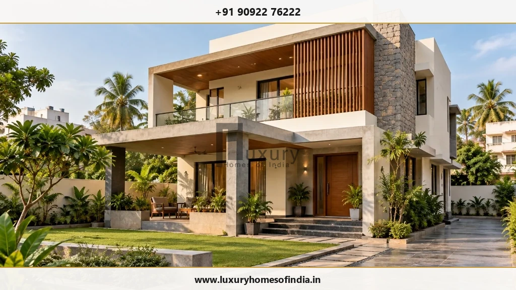 Contemporary luxury Indian independent home showcasing architectural form, structural design, and landscaped outdoor spaces