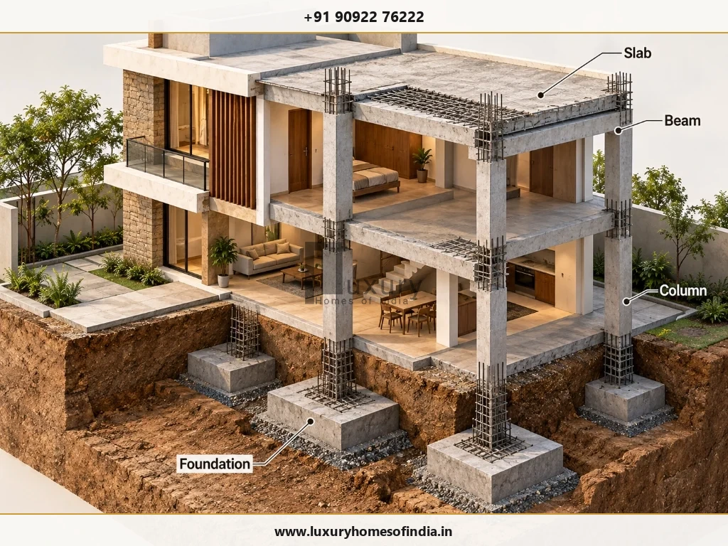 Conceptual 3D isometric cutaway diagram showing how foundation footings, columns, beams and slabs support a residential building