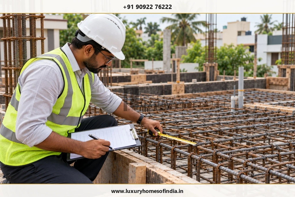 Qualified site engineer checking rebar spacing and reinforcement dimensions with a measuring tape during a pre-concreting quality inspection.