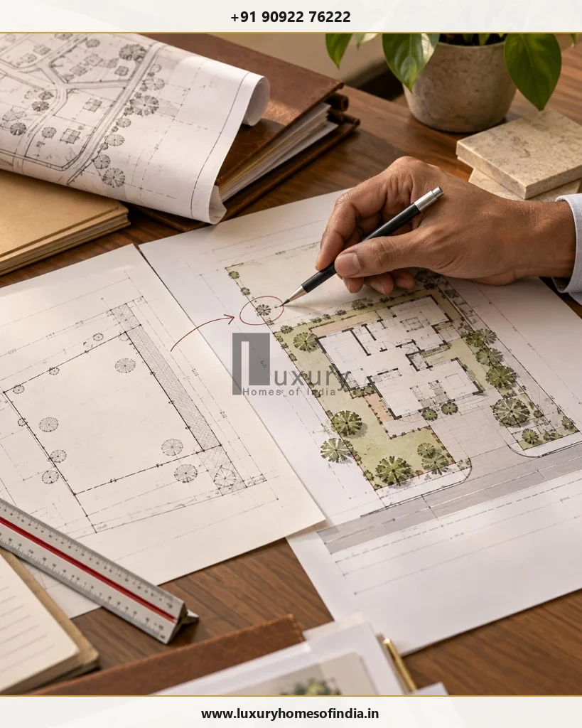 Close-up of architect comparing survey references, plot dimensions and residential site plan with mismatched entries highlighted