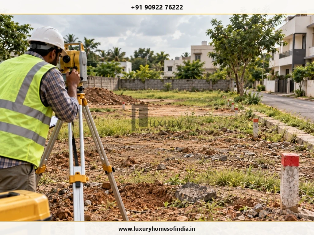 Land surveyor conducting topographical survey, boundary alignment, and drainage assessment on a residential building plot.