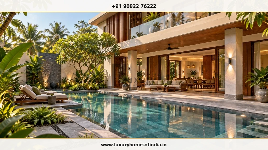 Luxury villa swimming pool in Chennai with sunken lounge seating, teak deck, and lush tropical landscaping