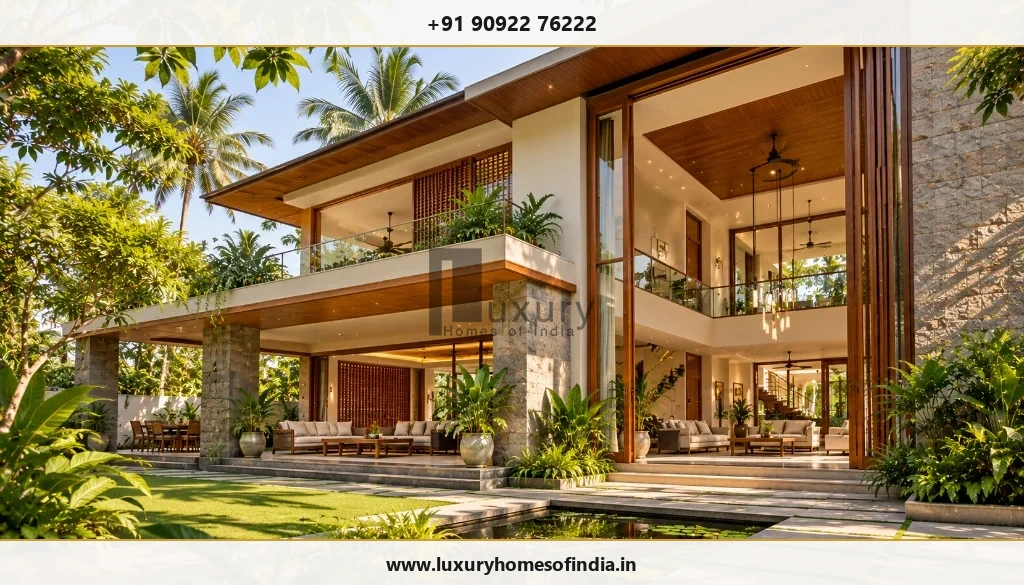 Tamil contemporary villa with a large opening and double-height living space