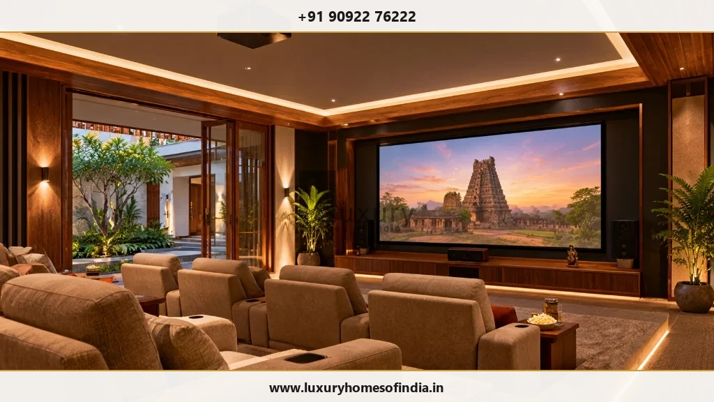 Contemporary Tamil luxury theatre interior with restrained wood, stone, and warm architectural lighting