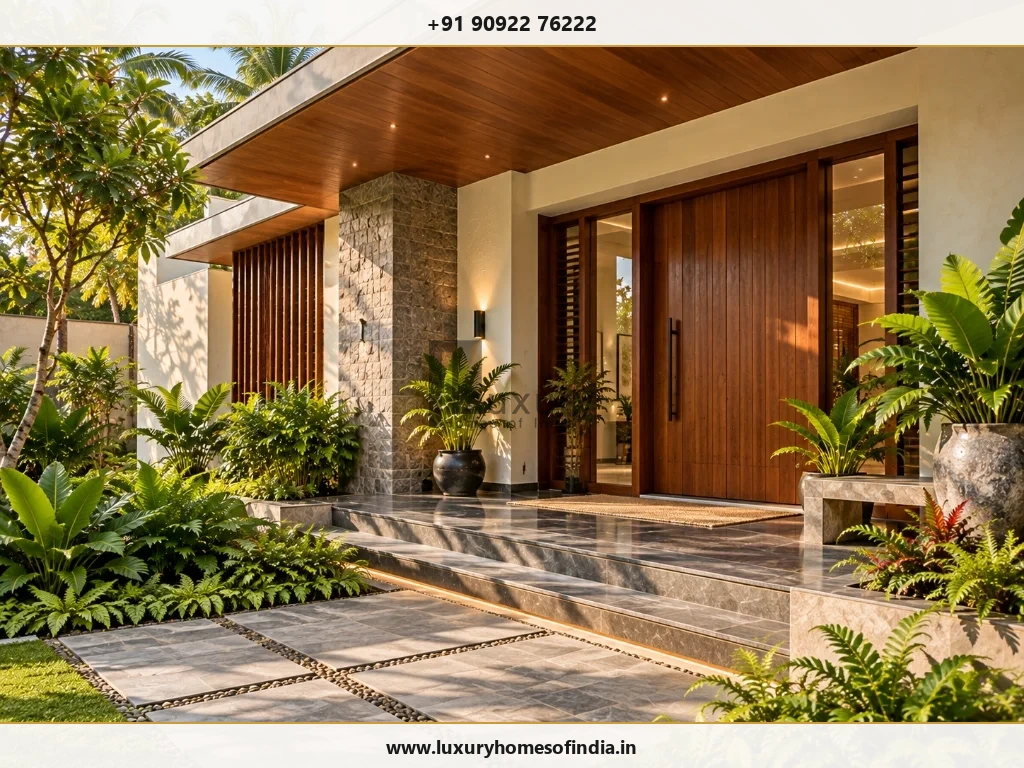 Tamil Nadu home with a completed climate-responsive entrance and landscaped approach in Chennai
