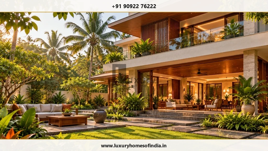 Tamil Nadu contemporary villa garden using layered tropical planting and stone paths