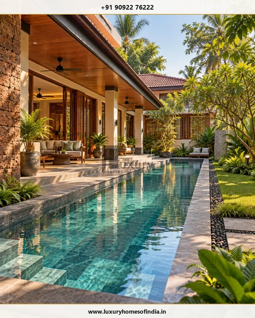 Private pool courtyard in Tamil Nadu villa showing custom glass mosaic tiling and submerged bench seating