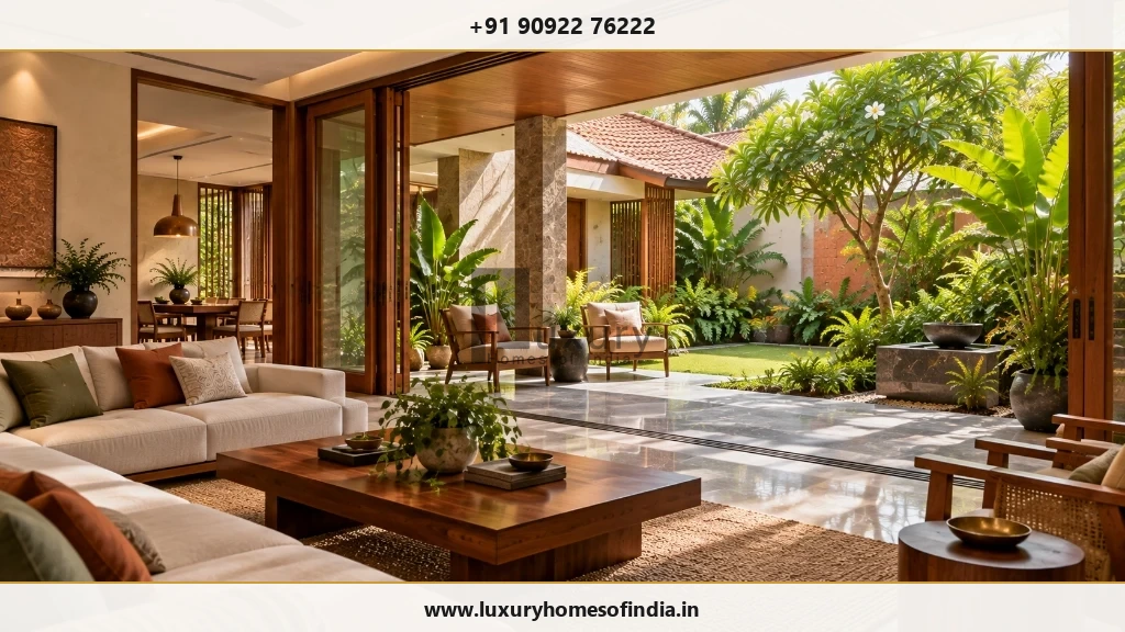 Tamil Nadu villa living room opening onto a shaded tropical courtyard with stone fountain, lush planting, and terracotta roof accents
