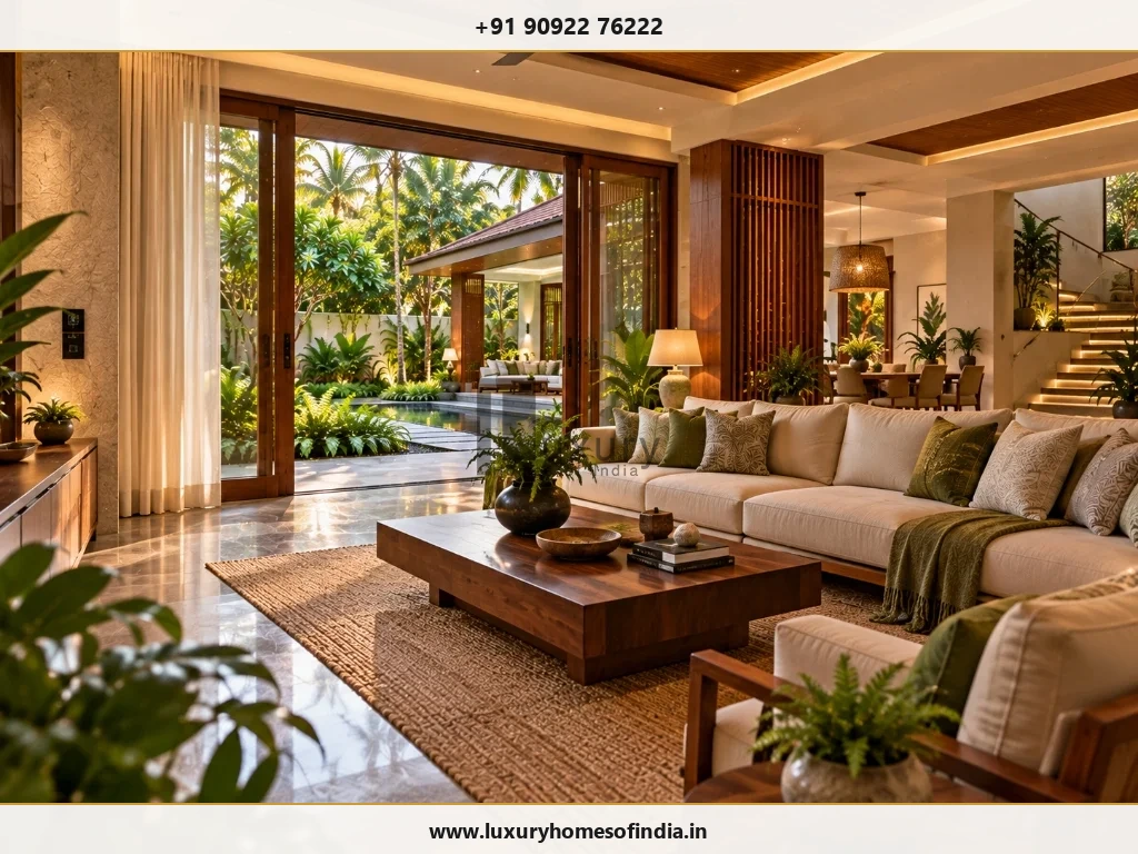 Tamil contemporary villa interior showing integrated lighting, discreet controls and motorized curtains