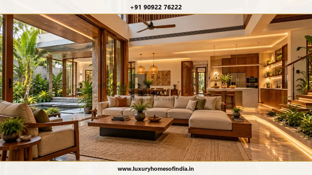 Tamil contemporary villa interior showing coordinated lighting, joinery and services