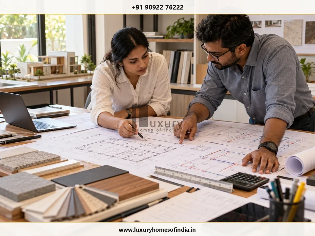 Architect and structural engineers reviewing coordinated Good for Construction GFC blueprints on an office table