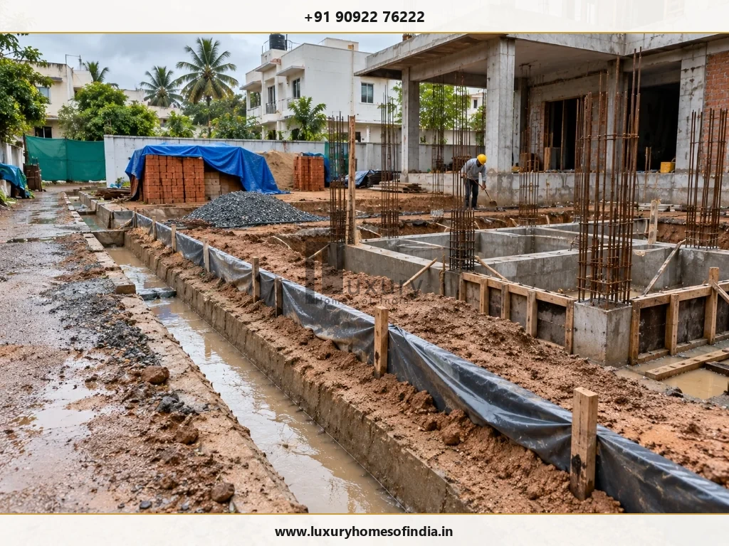 Prepared surface-water channels and protected excavation at a residential construction plot in Chennai
