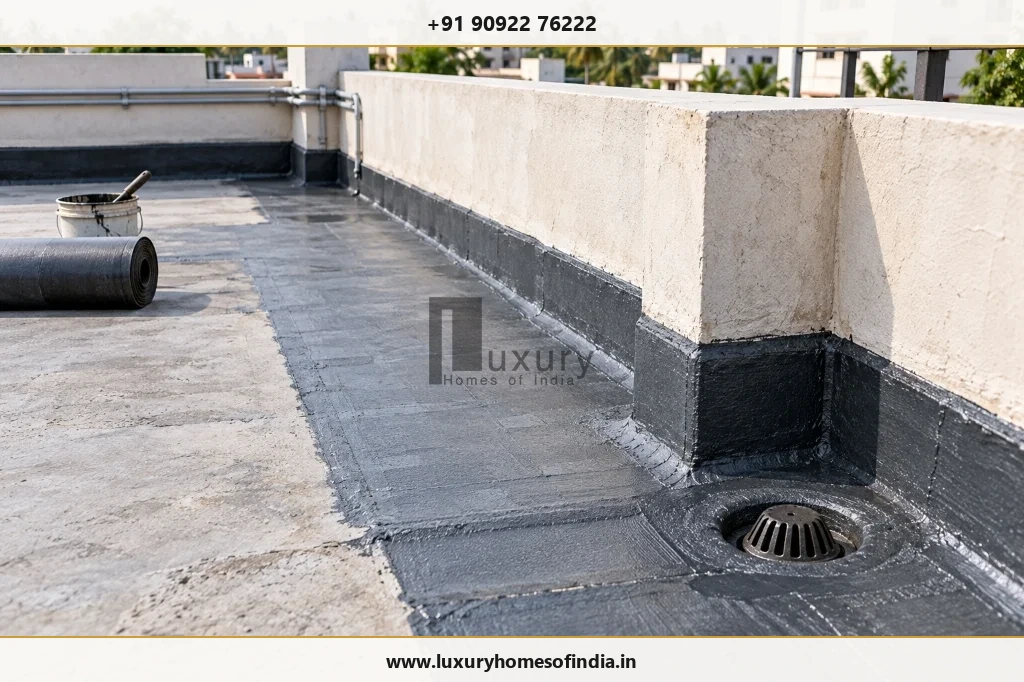 Rooftop terrace bituminous waterproofing membrane application with rainwater drain outlet and parapet flashing