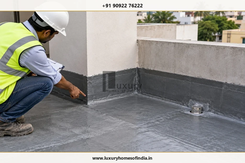 Engineer inspecting polymer-modified waterproofing membrane coating on terrace slab and parapet junction in Chennai