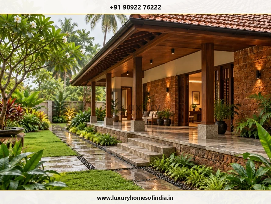 Tropical South Indian villa verandah with laterite stone and climate responsive design