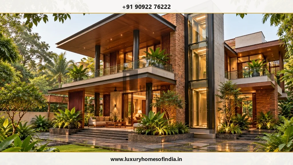 Tropical Bengaluru bungalow showing coordinated elevator provision, structure and premium interior finishes