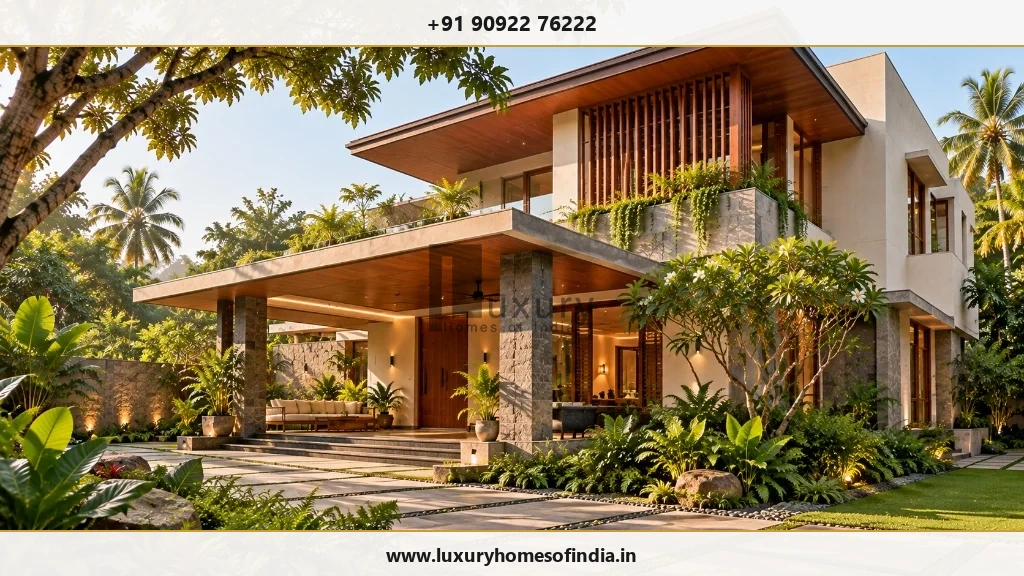 Contemporary Chennai villa with climate-responsive architecture and portico entrance