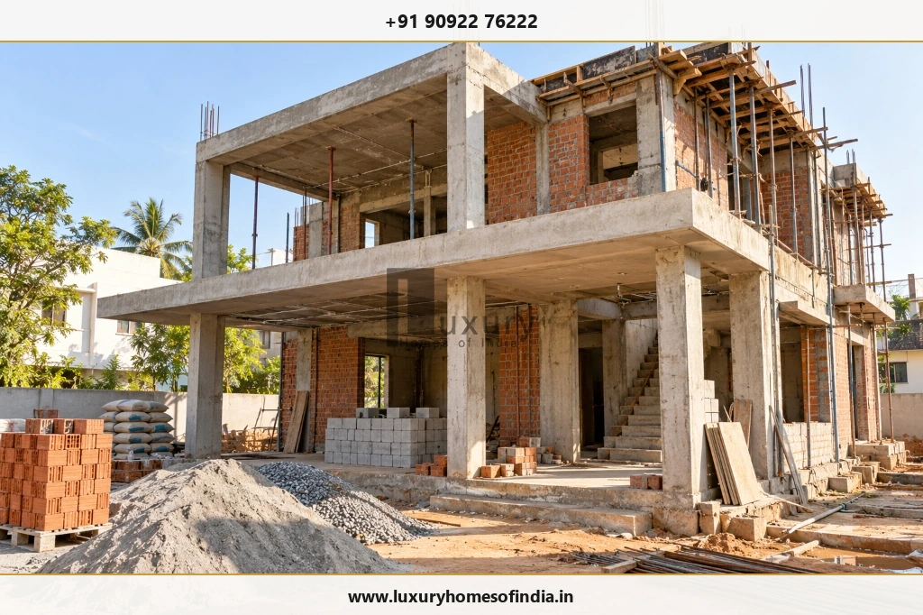 Active residential construction site with reinforced concrete structure and brick masonry under turnkey management