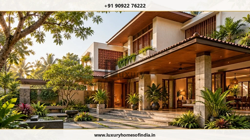Contemporary Tamil Nadu luxury villa with integrated garden and shaded outdoor living in Chennai