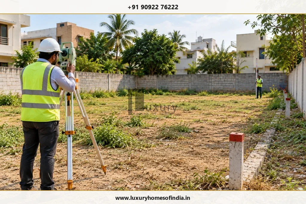 Chennai plot due-diligence scene with electronic total station survey and document review