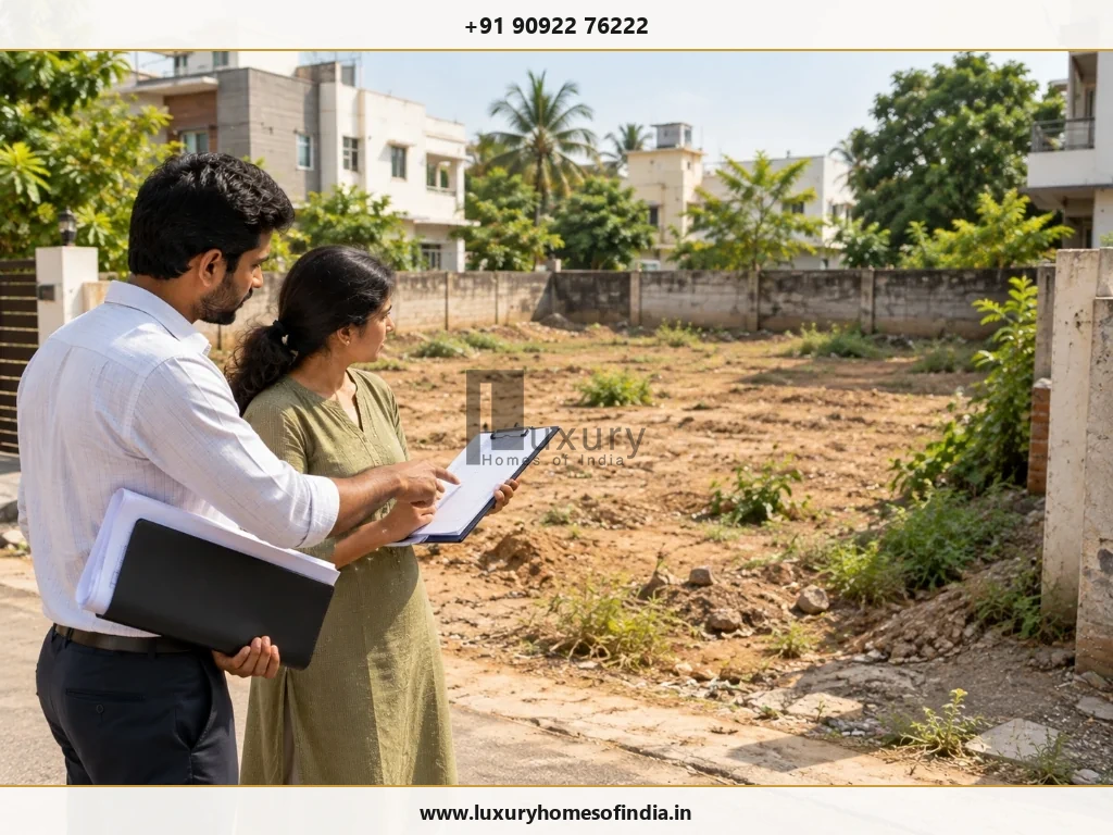 Civil engineer and homeowner verifying boundary markers and measuring site dimensions on an open plot in Chennai
