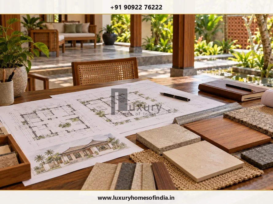 A realistic South Indian villa planning scene showing architectural drawings and material samples