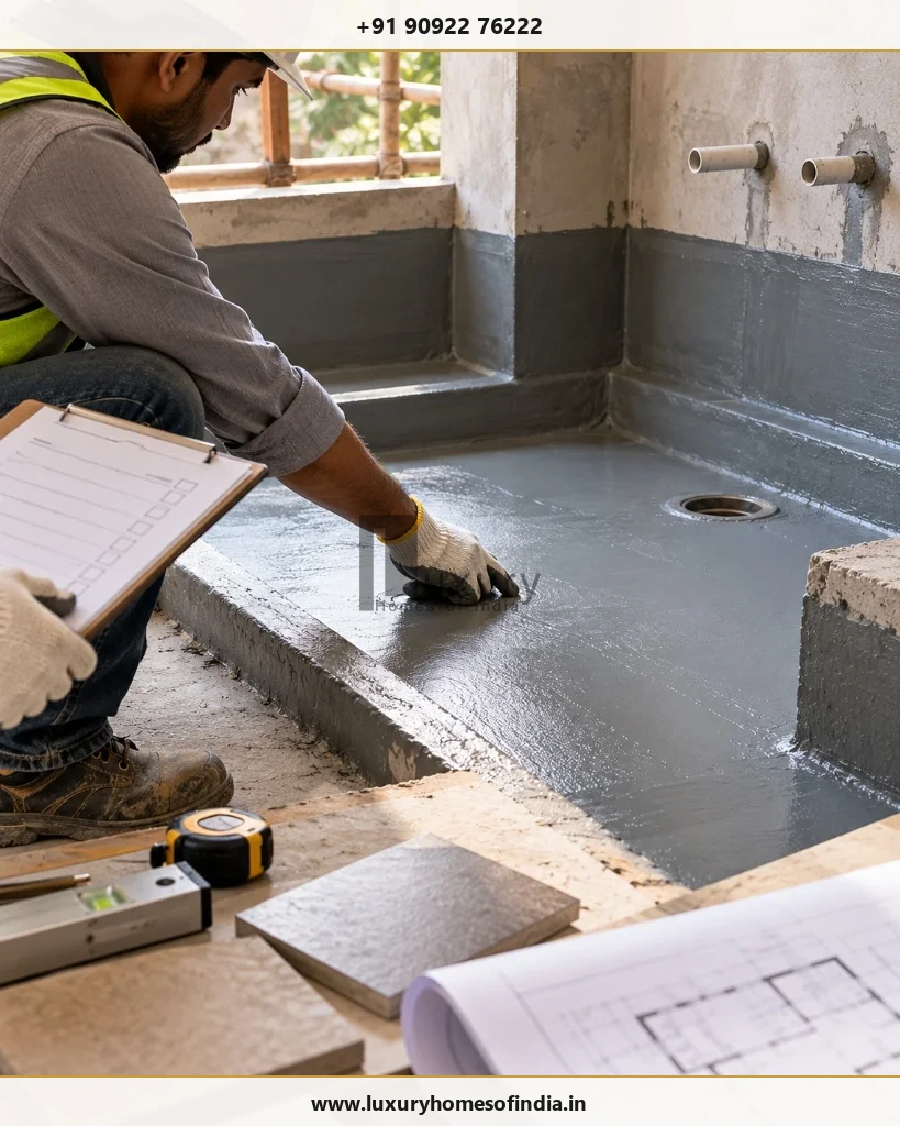 Site engineer in helmet inspecting waterproofing on bathroom floor with clipboard checklist and tools
