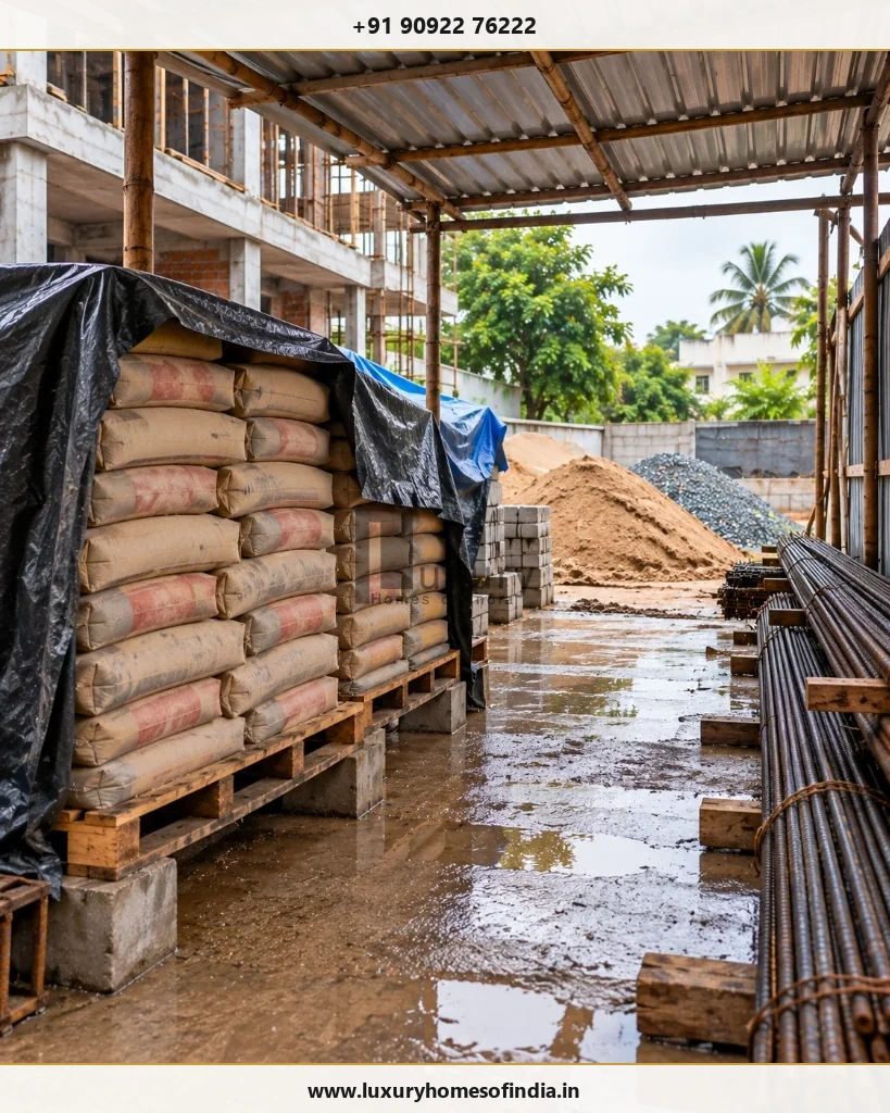 Weather-protected cement storage, organised reinforcement steel and clean aggregate stockpiles on a Chennai site