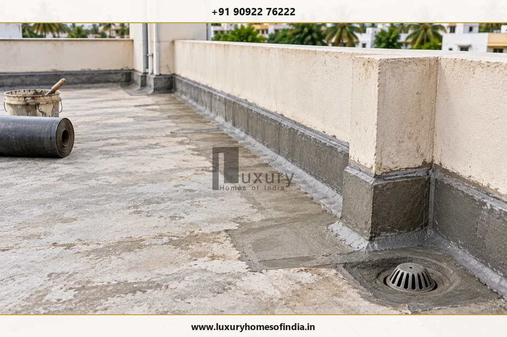 Terrace waterproofing preparation with drainage outlets and fillet upstand before coating application
