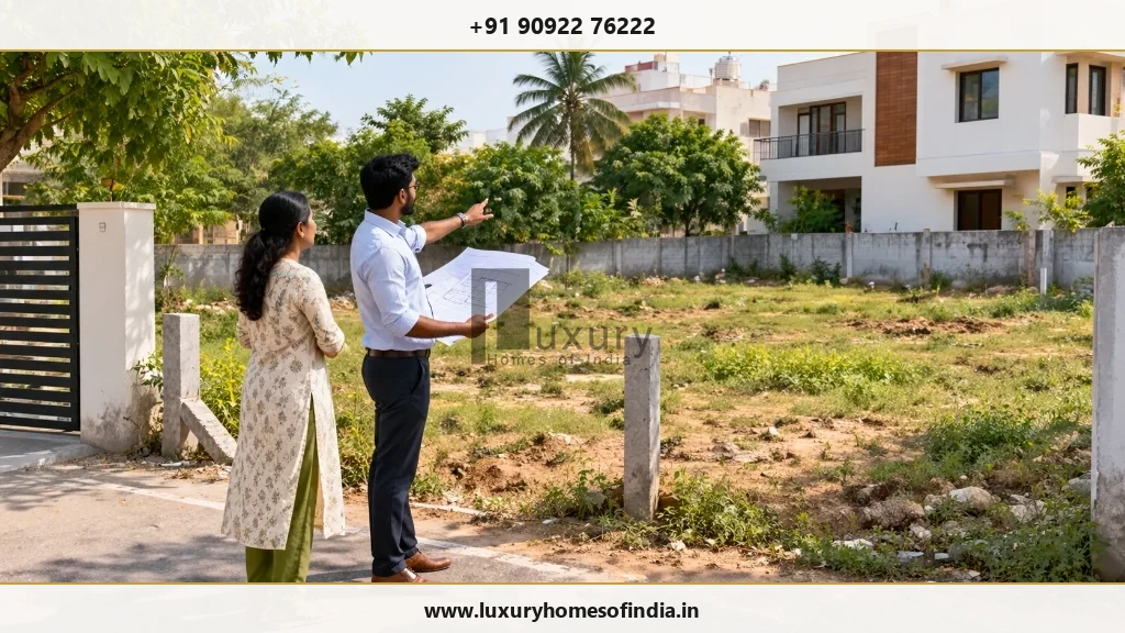 A homeowner and architect reviewing a residential plot before construction in Chennai